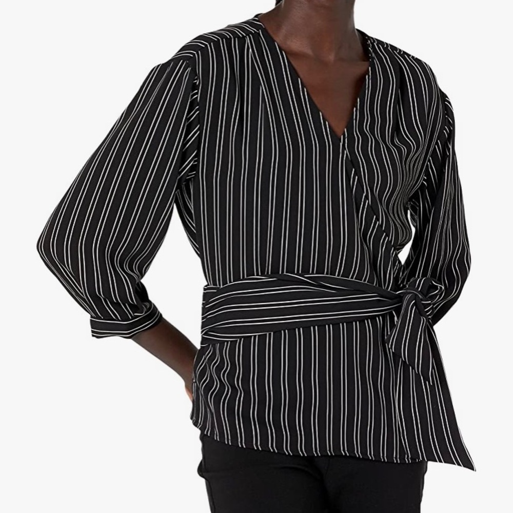 Calvin Klein Stripe 3/4 sleeve wrap top w/ belt